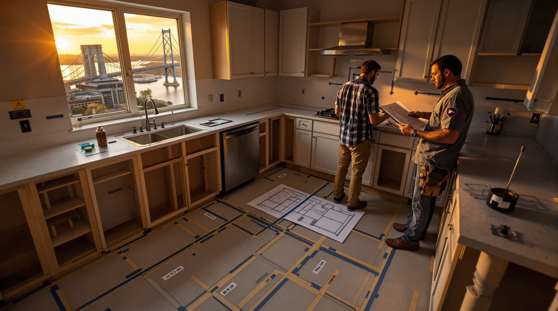 Two workers reviewing kitchen plans in a partially built kitchen with cabinets and flooring under construction. In Cincinnati, OH