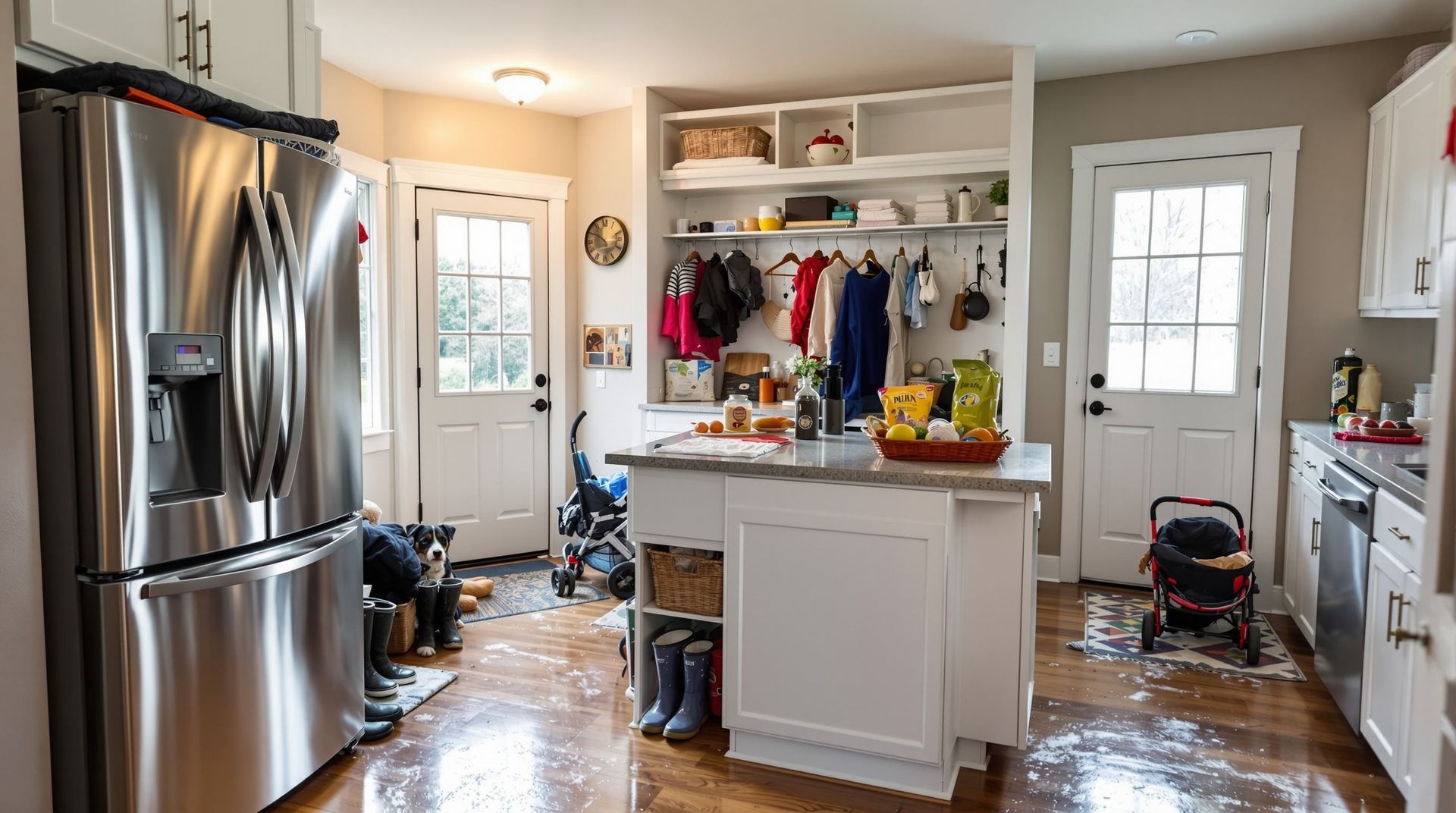 Bright kitchen with stainless steel fridge, white island, open pantry, and two glass doors at the back. In cincinnati, OH