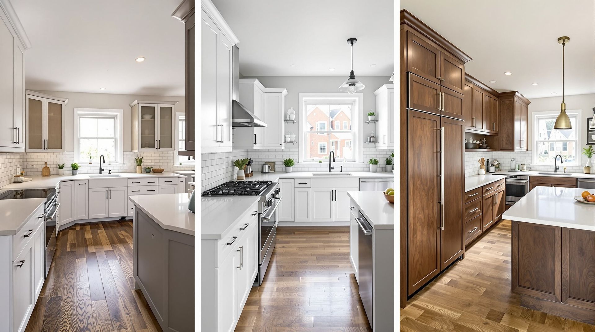 Three bright kitchen views with white cabinets, hardwood floors, and a large wooden pantry wall in Cincinnati, OH