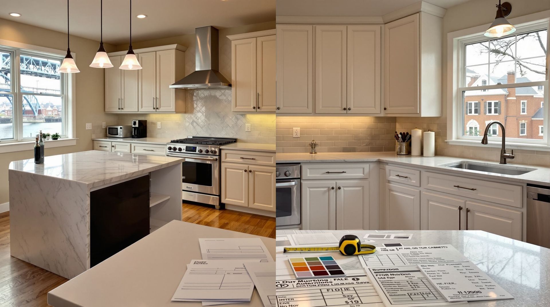 Bright modern kitchen with white cabinets, island, stove, and papers spread on the foreground table in Cincinnati, OH