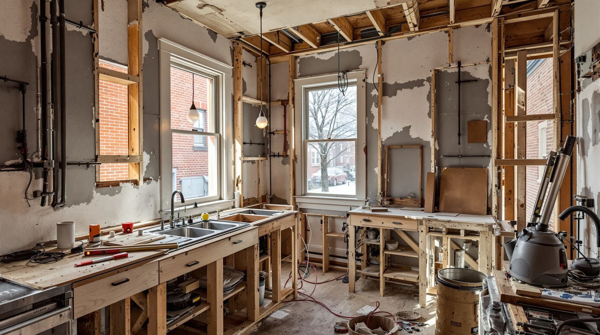 Kitchen under renovation with exposed walls, unfinished cabinets, and construction tools on the floor in cincinnati, OH