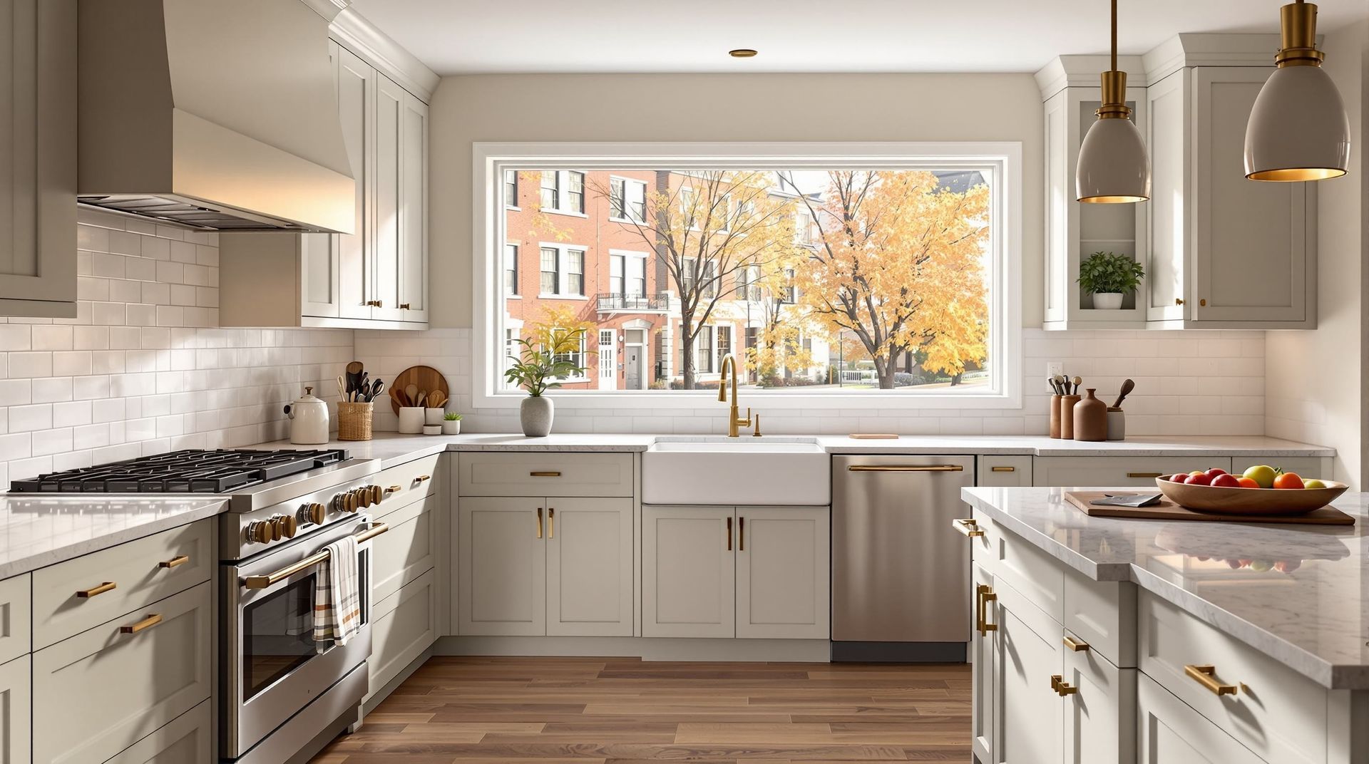 Bright modern kitchen with white cabinets, marble counters, stainless appliances, and a large window overlooking autumn trees. In Cincinnati, OH