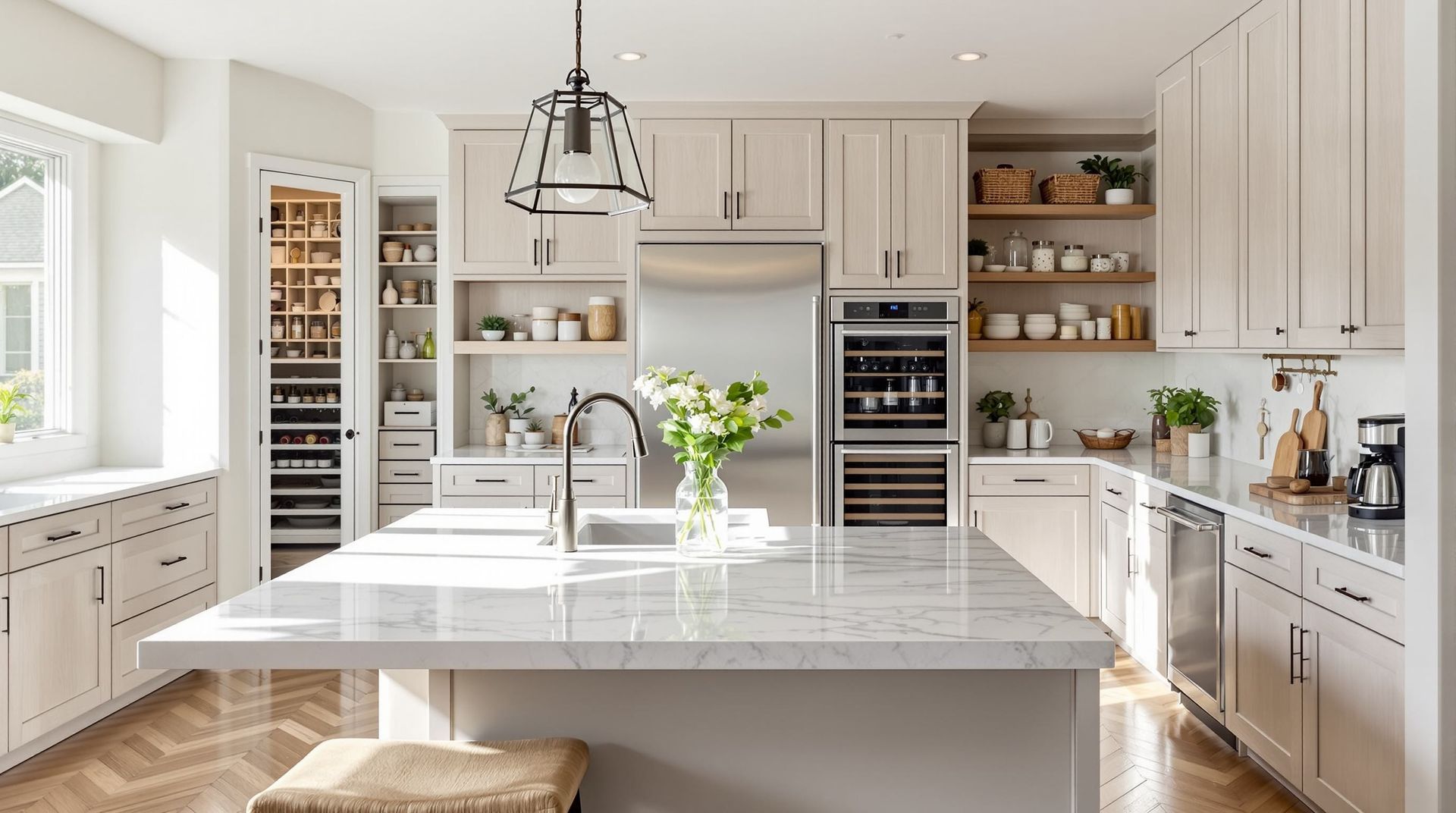 Bright modern kitchen with white cabinets, marble island, pendant light, and fresh flowers in a vase in Cincinnati, OH