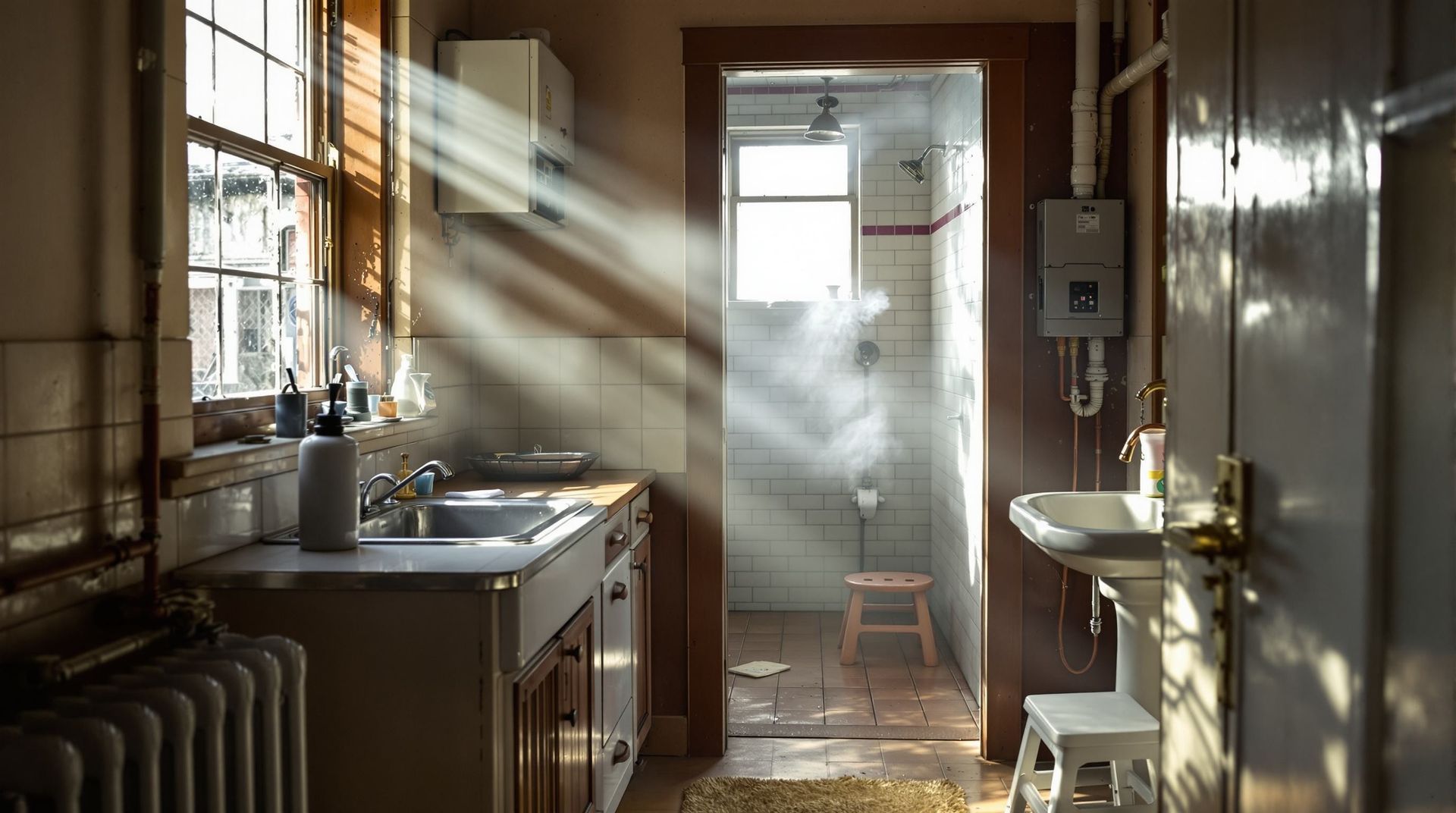 Sunlit narrow kitchen with sink, radiator, and small table by a bright window and open door in Cincinnati, OH