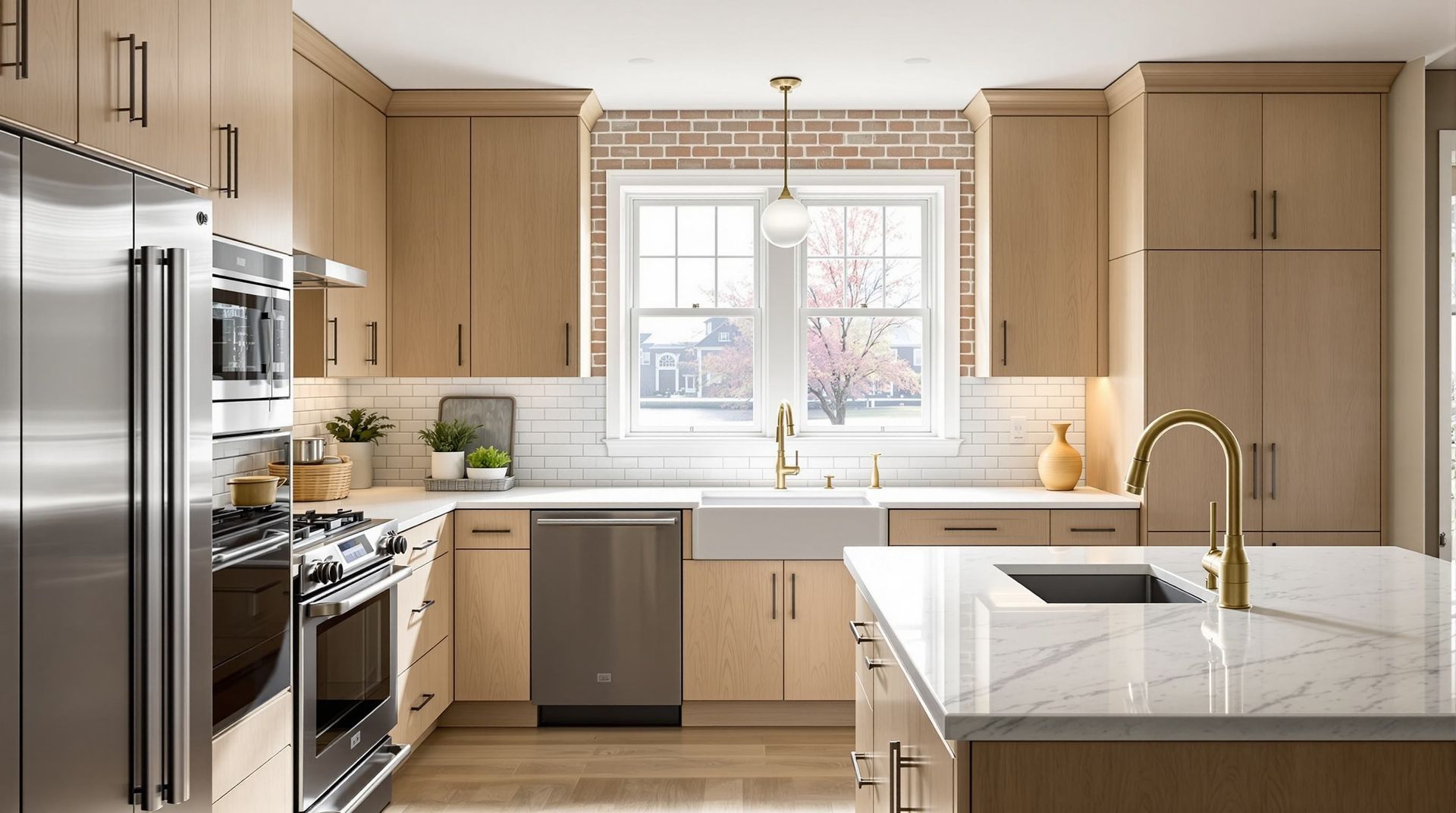 Bright modern kitchen with beige cabinets, white countertops, stainless appliances, and a window over the sink. In Cincinnati, OH