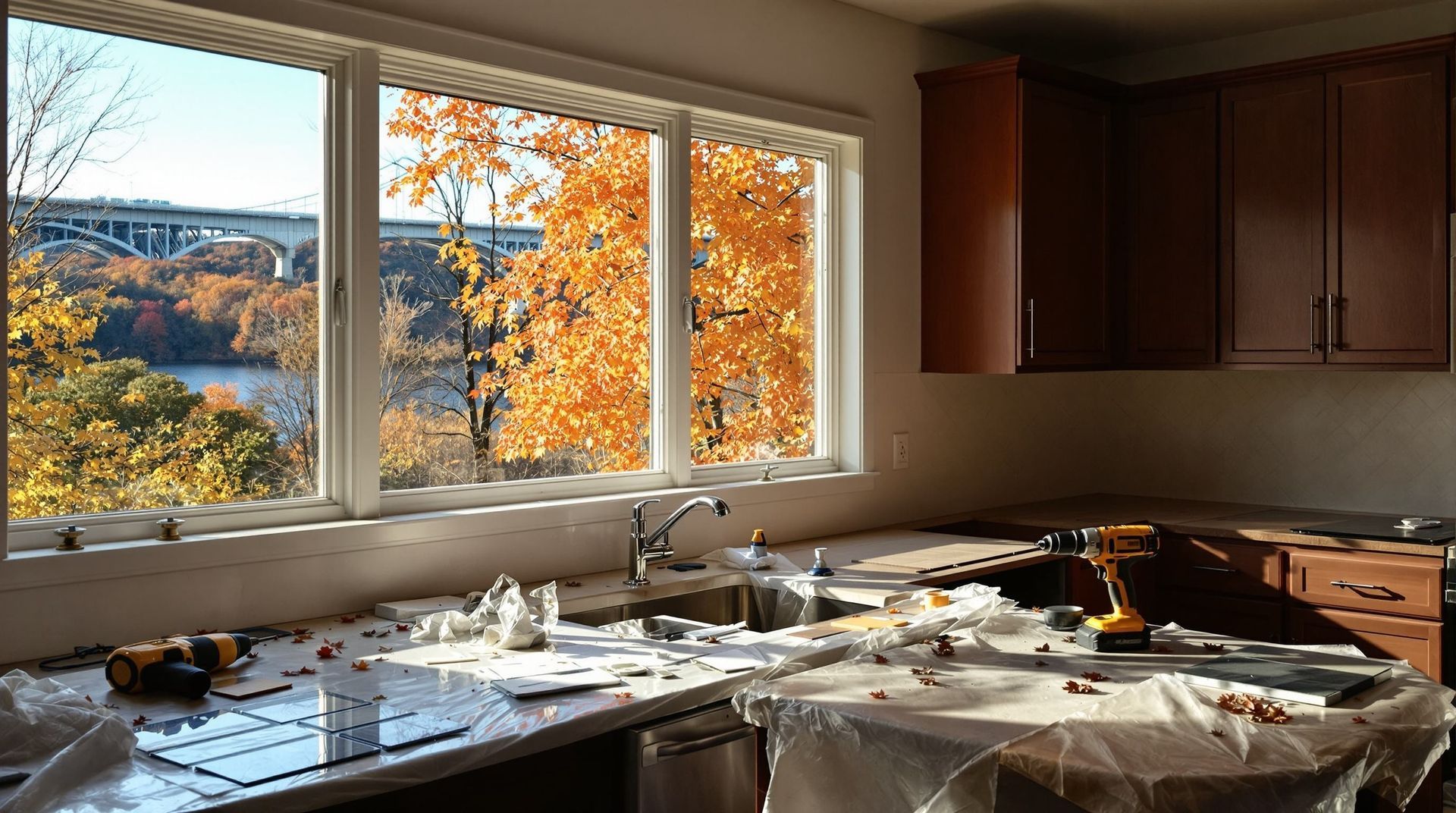 Kitchen with papers and dishes scattered on the counter beside a large window showing autumn trees. In Cincinnati, OH