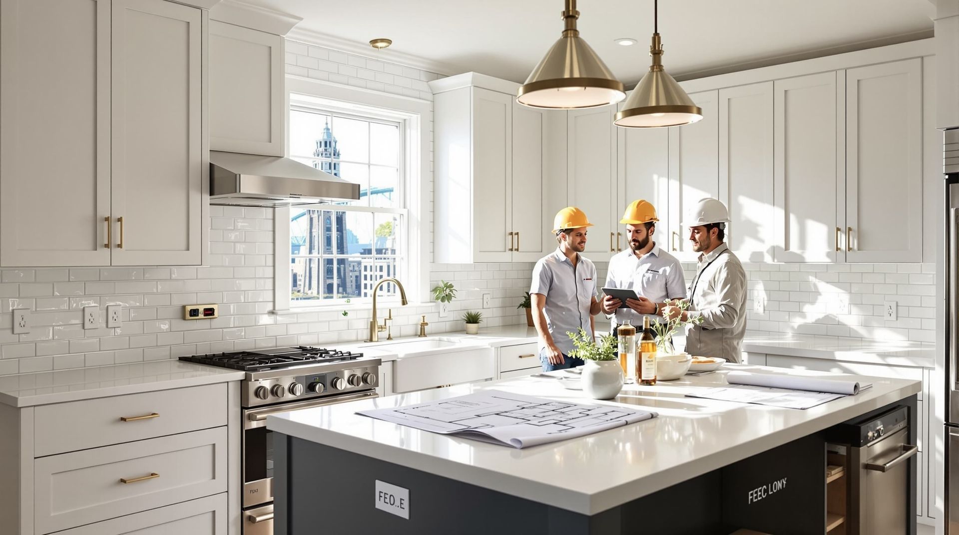 Three chefs in white uniforms stand in a bright white kitchen around a large island.