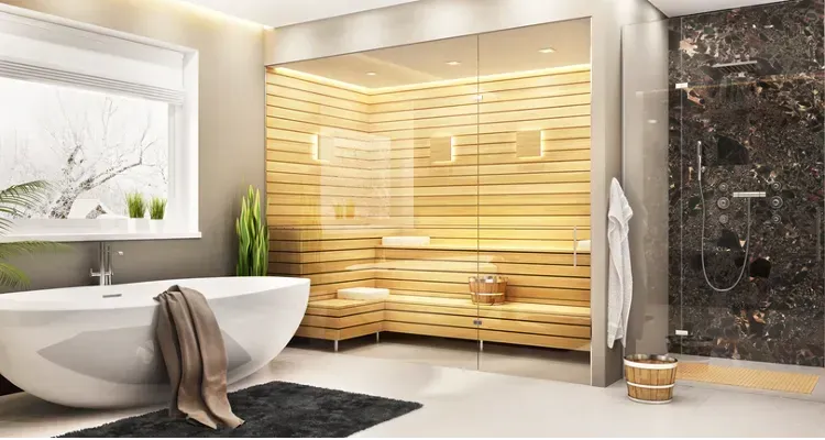 A bathroom with a bathtub and a sauna.
