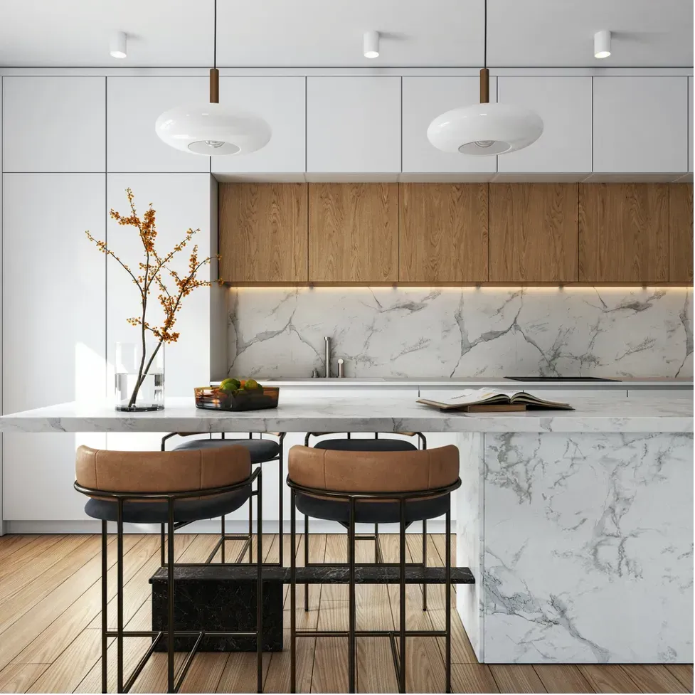 A kitchen with marble counter tops and wooden cabinets