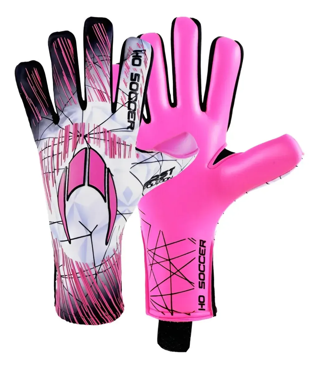 Par de guantes de portero rosas y blancos con detalles en negro, mostrados en vista frontal y trasera.