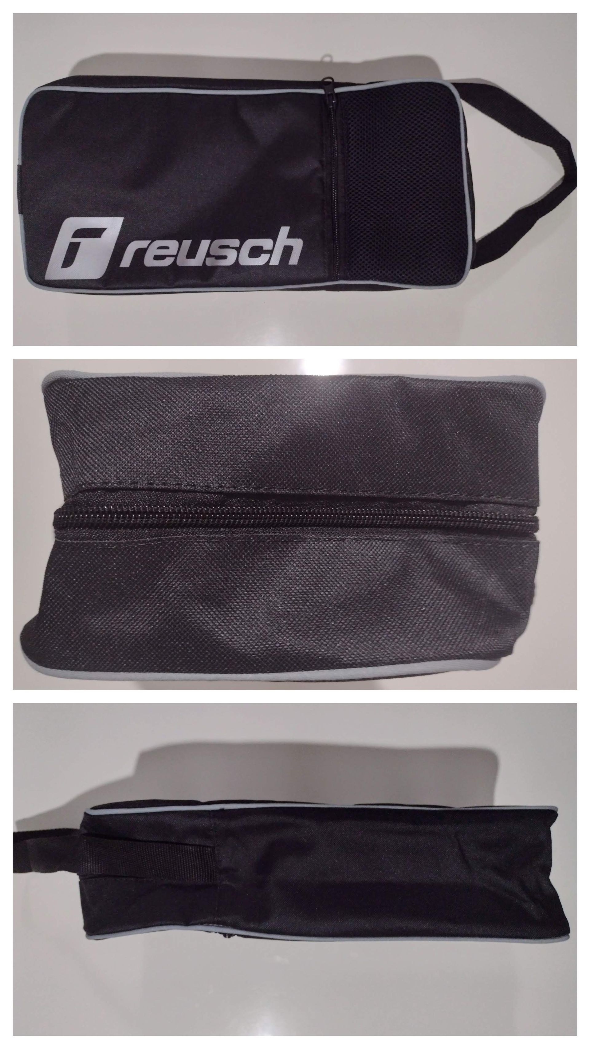 Bolsa para zapatos Reusch negra con logotipo vertical, confeccionada en tejido Cordura y con una capacidad de 7,15 litros.