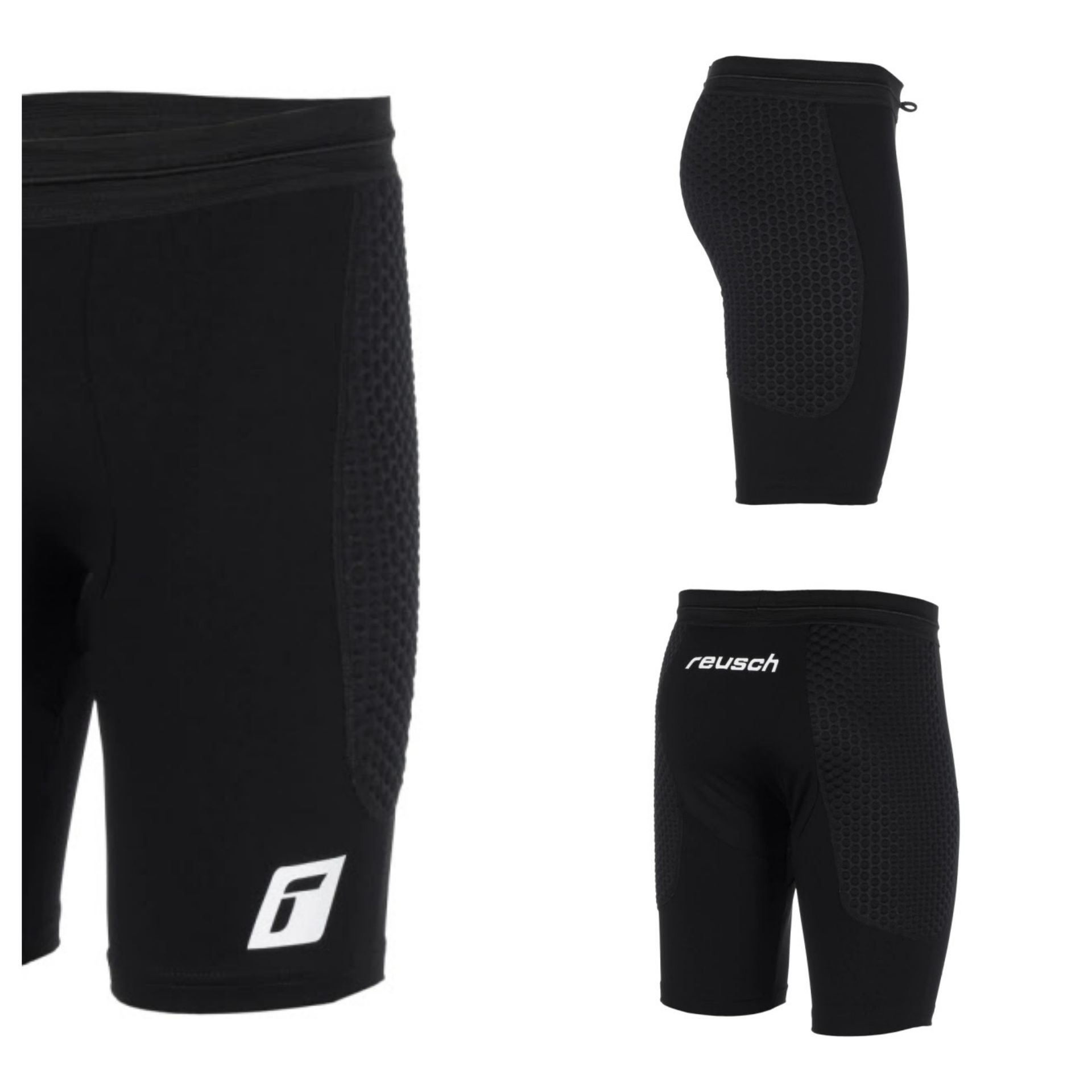 Tres vistas de pantalones cortos deportivos acolchados de color negro