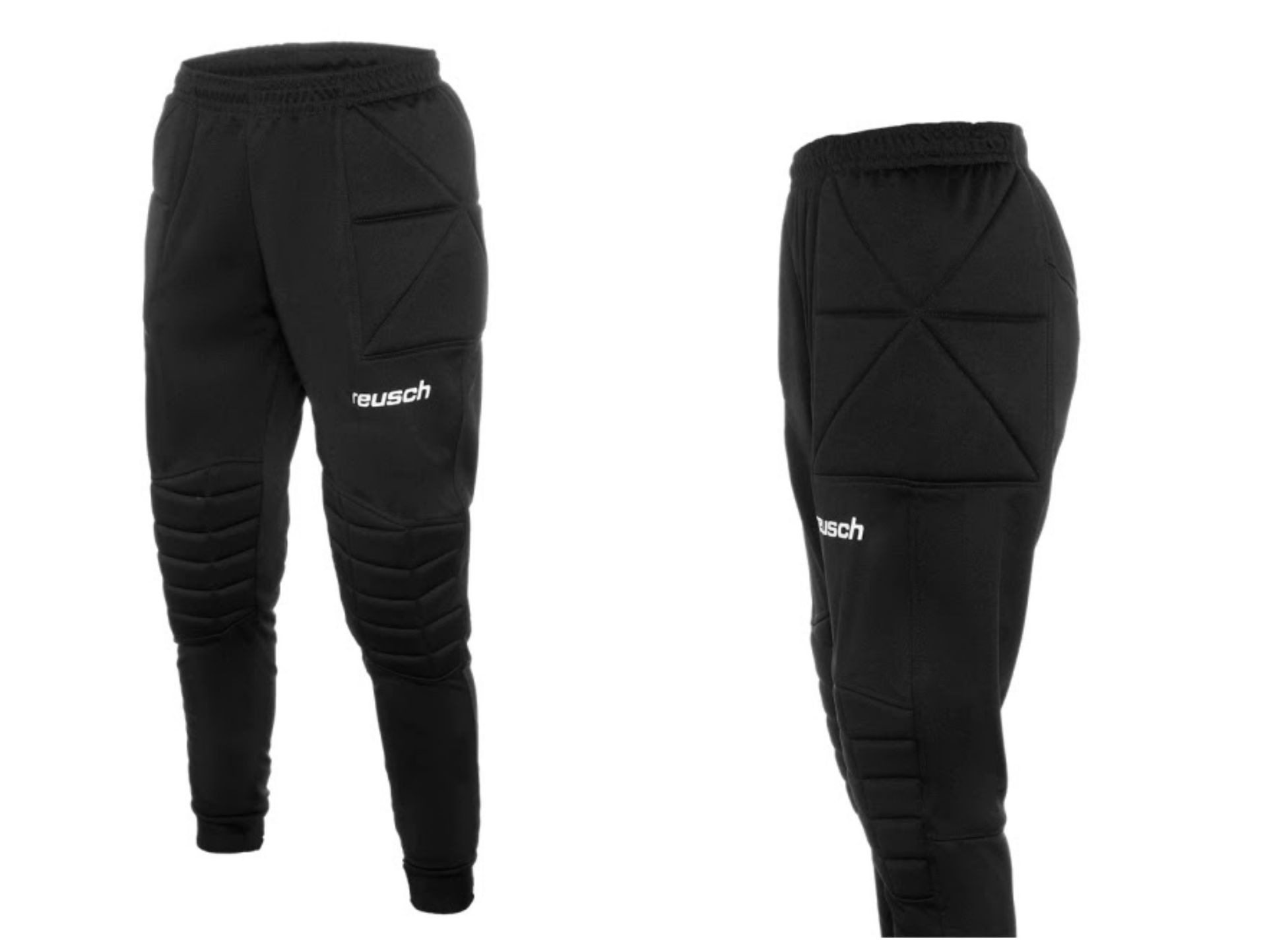 Dos vistas de pantalones deportivos negros con paneles acolchados en las caderas y las rodillas.