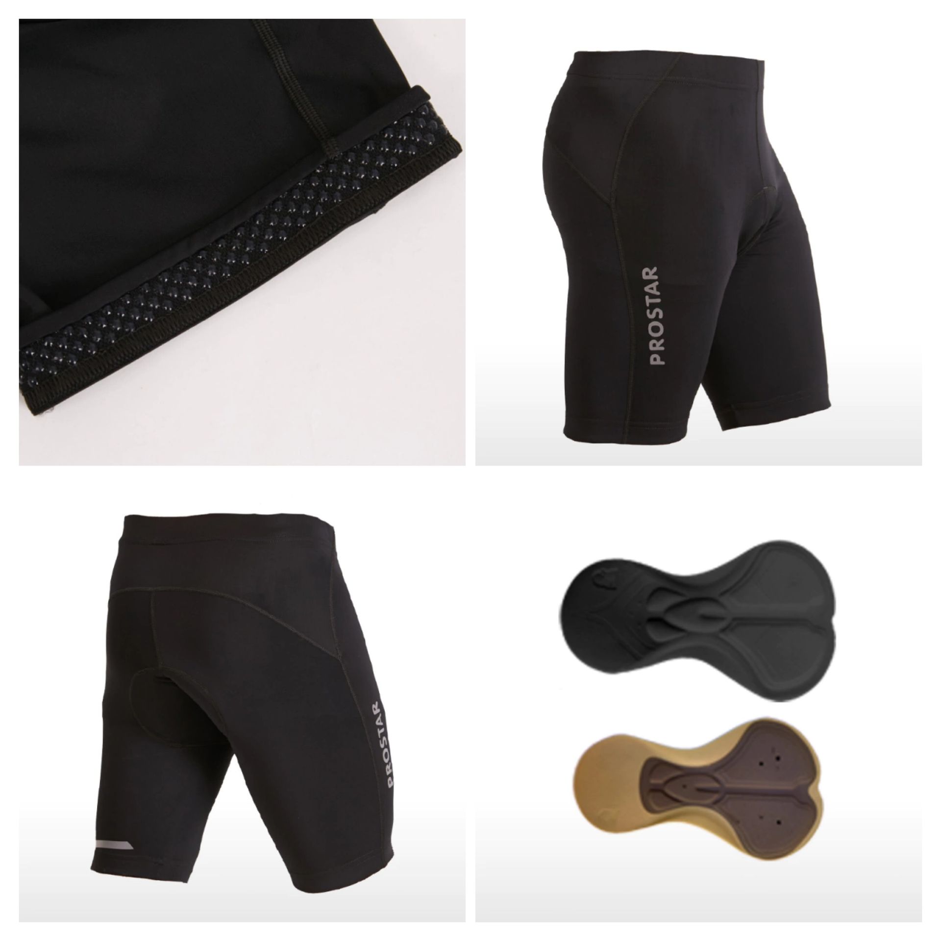 Cuatro vistas de los pantalones cortos de ciclismo negros
