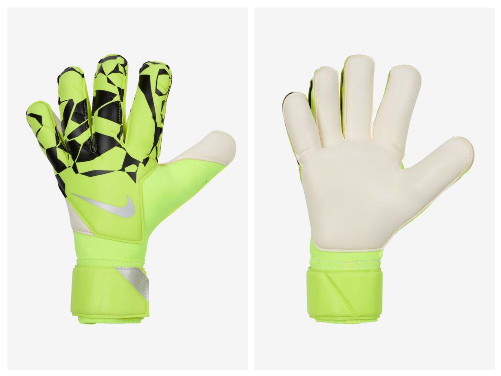 Un par de guantes deportivos de color amarillo neón y negro, mostrados por delante y por detrás.