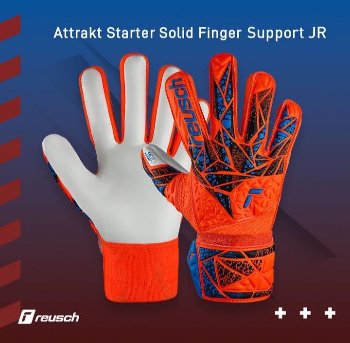 Guantes de portero Reusch Attrakt Starter Solid Finger Support JR, blancos y naranjas, vistas frontal y trasera.