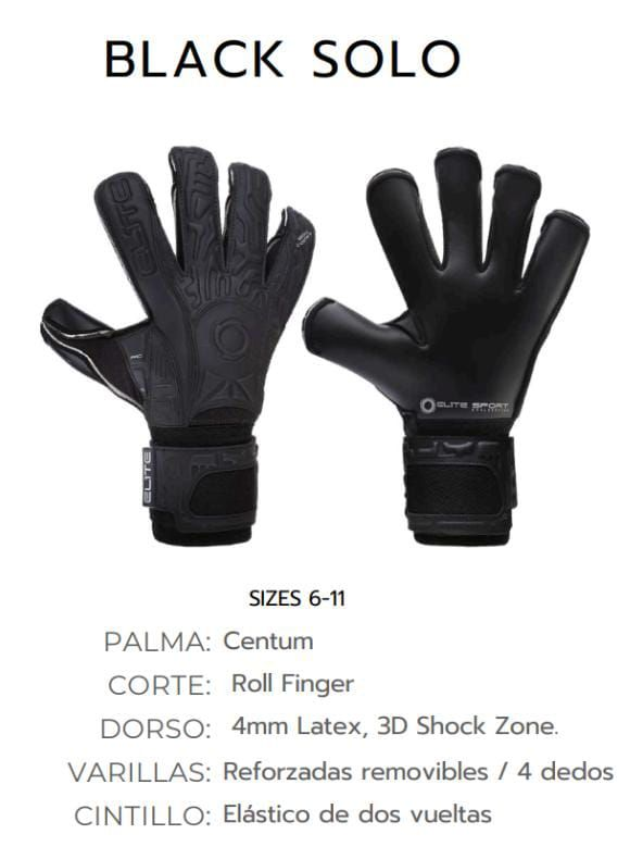 Guantes de esquí negros con la etiqueta “BLACK SOLO”, especificaciones del producto y tallas 6-11 sobre fondo blanco.