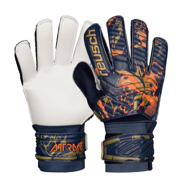 Un par de guantes de portero Reusch de color azul marino y naranja, mostrados desde la palma y el dorso.