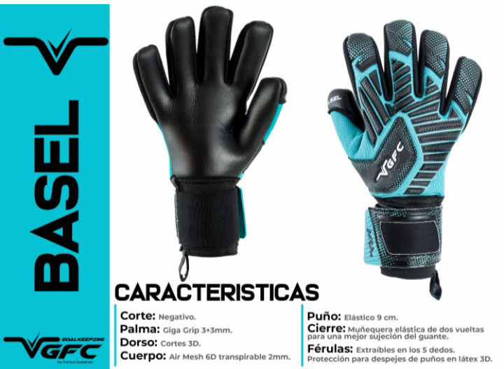Guantes del VGFC de Basilea, con palma negra y dorso azul estampado, con detalles del producto en español.