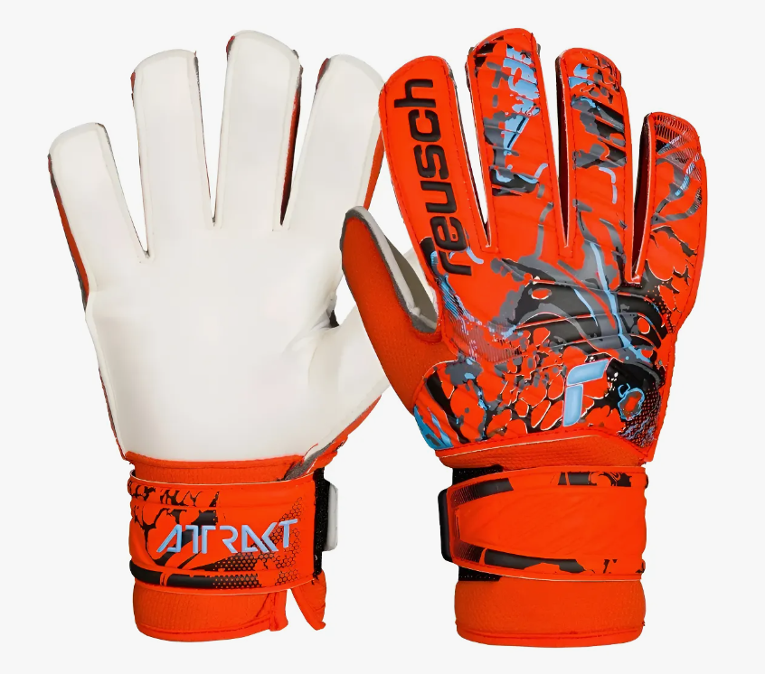 Guantes de portero Reusch rojos y blancos, vista frontal y trasera, con correas naranjas en las muñecas.