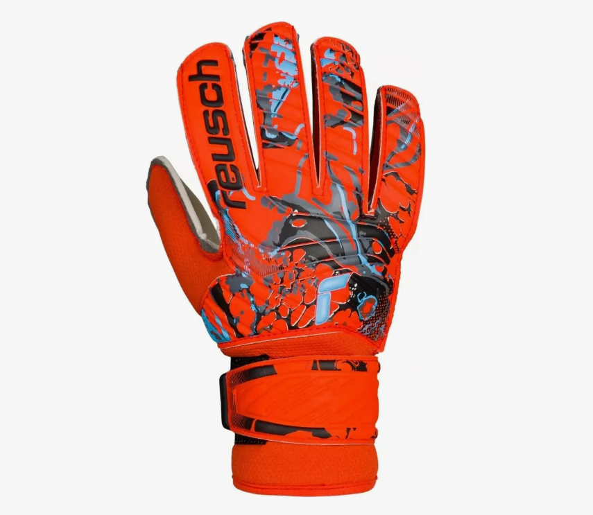 Guantes de portero Reusch rojos y blancos, vista frontal y trasera, con correas naranjas en las muñecas.