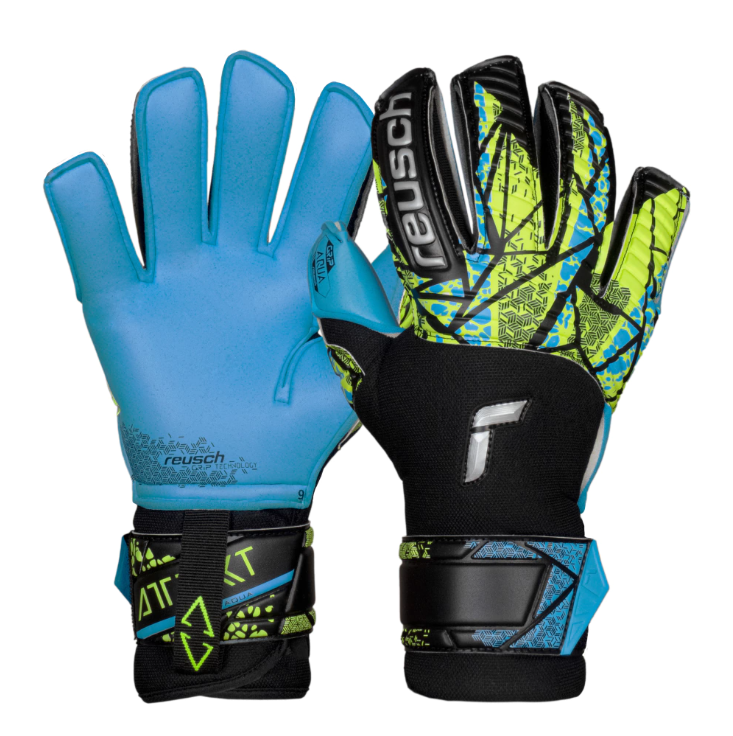 Guantes de portero Reusch azules y negros, vistas frontal y trasera con detalles en amarillo neón.