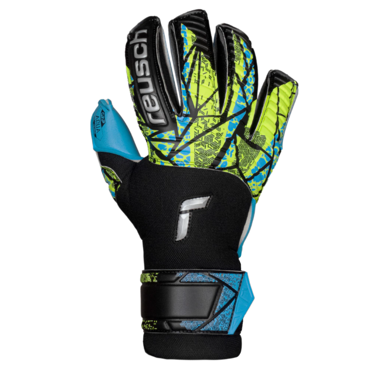 Guantes de portero Reusch azules y negros, vistas frontal y trasera con detalles en amarillo neón.