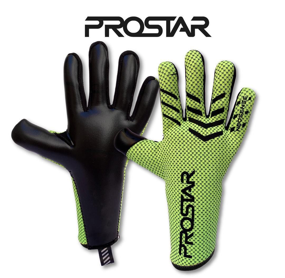 Guantes de trabajo PROSTAR mostrados por delante y por detrás: palma negra con dorso verde neón, agarre texturizado