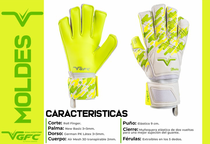 Guantes de fútbol VGC en amarillo neón y blanco, vistas frontal y trasera con texto que describe las características del producto.