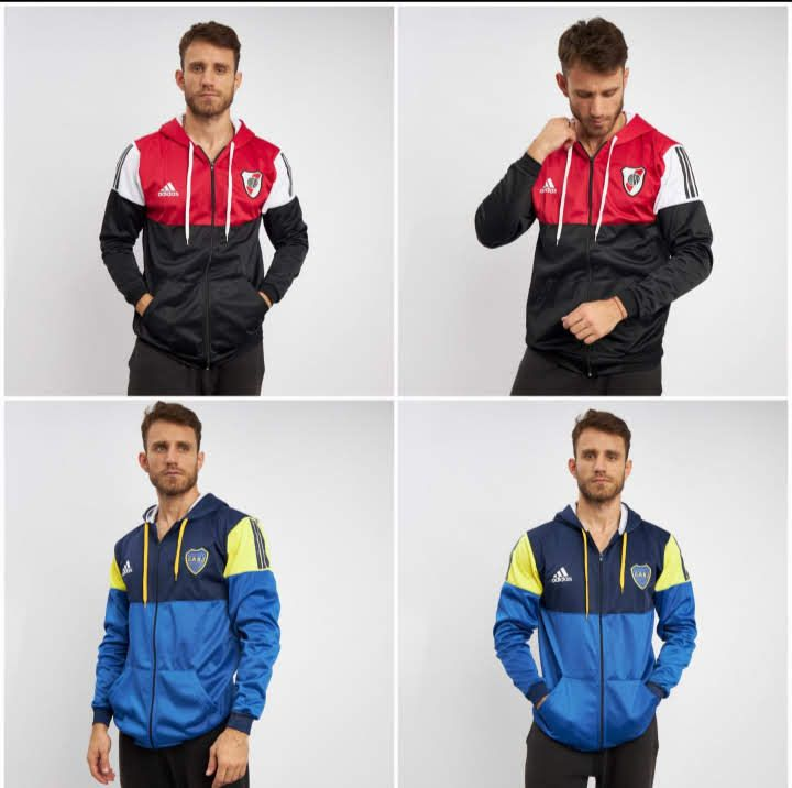 Un collage que muestra a una persona modelando dos sudaderas con capucha y cremallera de equipos de fútbol Adidas diferentes