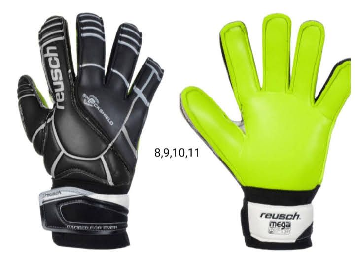 Guantes de portero negros y verde neón, vistas frontal y trasera, con las tallas 8, 9, 10 y 11 mostradas entre ellos.