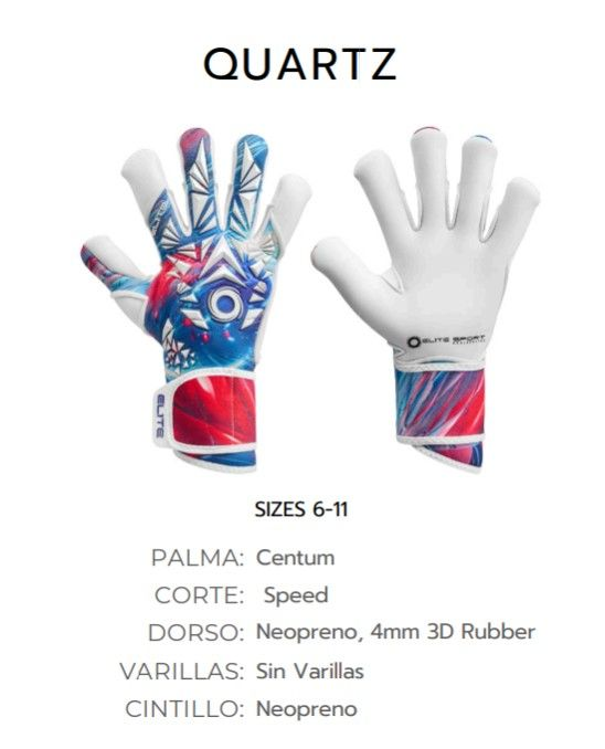 Guantes de portero Quartz con dorso estampado de colores y palmas blancas, tallas 6-11, de Elite Sport.