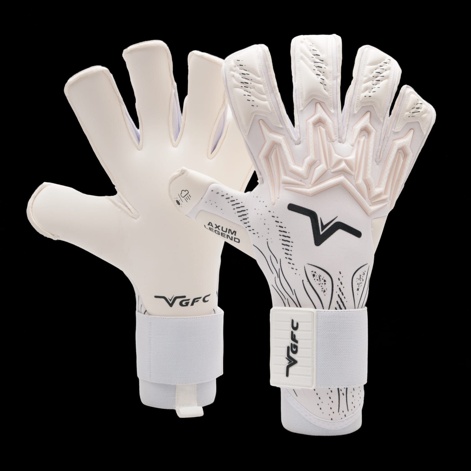 Guantes de portero AXUM LEGEND, blancos y negros, con las características del producto mostradas en español.