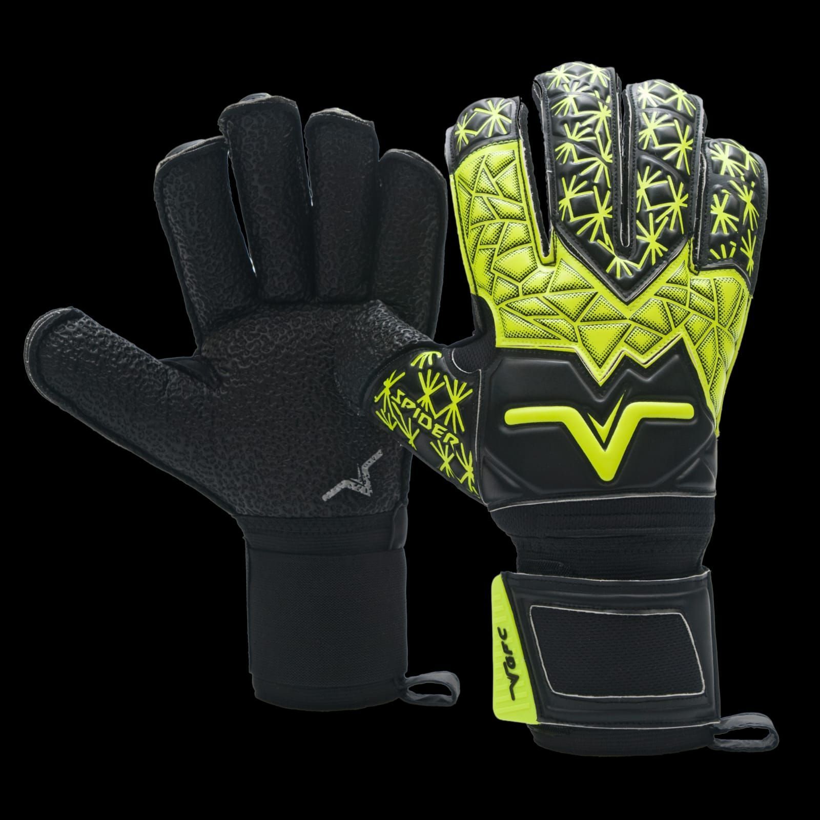 Guantes de portero Spider VGFC negros y amarillo neón con características del producto y logotipo de la marca.