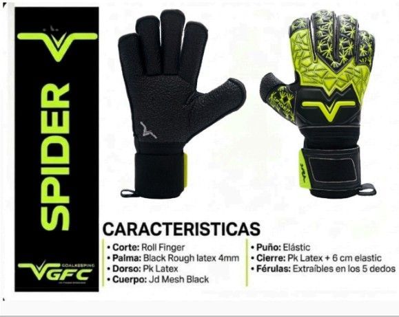 Guantes de portero Spider VGFC negros y amarillo neón con características del producto y logotipo de la marca.