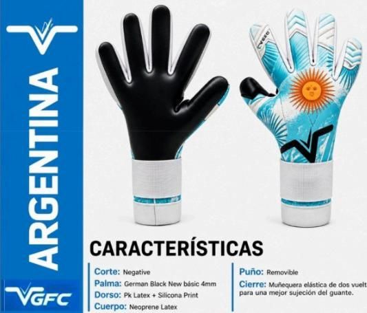 Guantes de portero de Argentina: dorso negro y palma blanca con detalles gráficos azules y naranjas, mostrados por delante y por detrás.