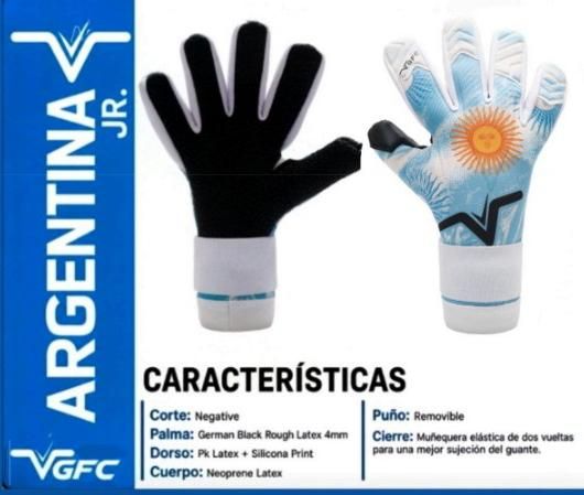 Anuncio de guantes de portero argentinos con guantes negros y azul claro y texto con las características del producto.