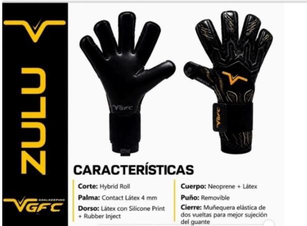 Guantes de portero ZULU negros con logotipo dorado y texto con las características del producto sobre fondo blanco.