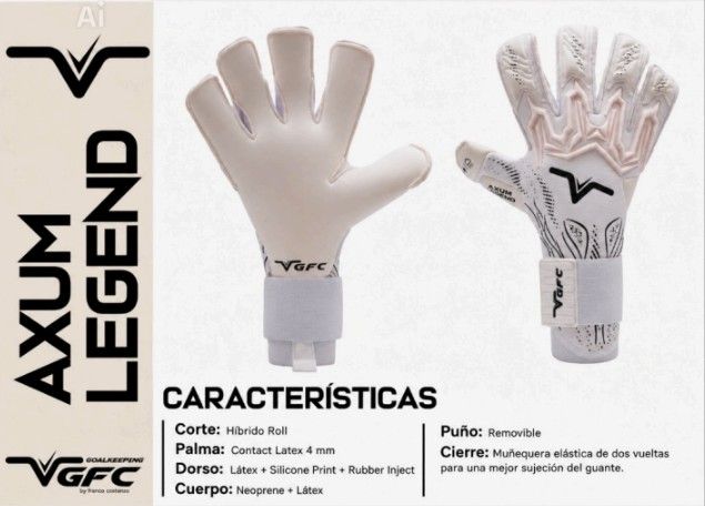 Guantes de portero AXUM LEGEND, blancos y negros, con las características del producto mostradas en español.