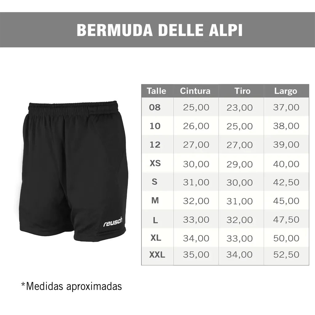 Un par de bermudas negras junto a una tabla de tallas de 
