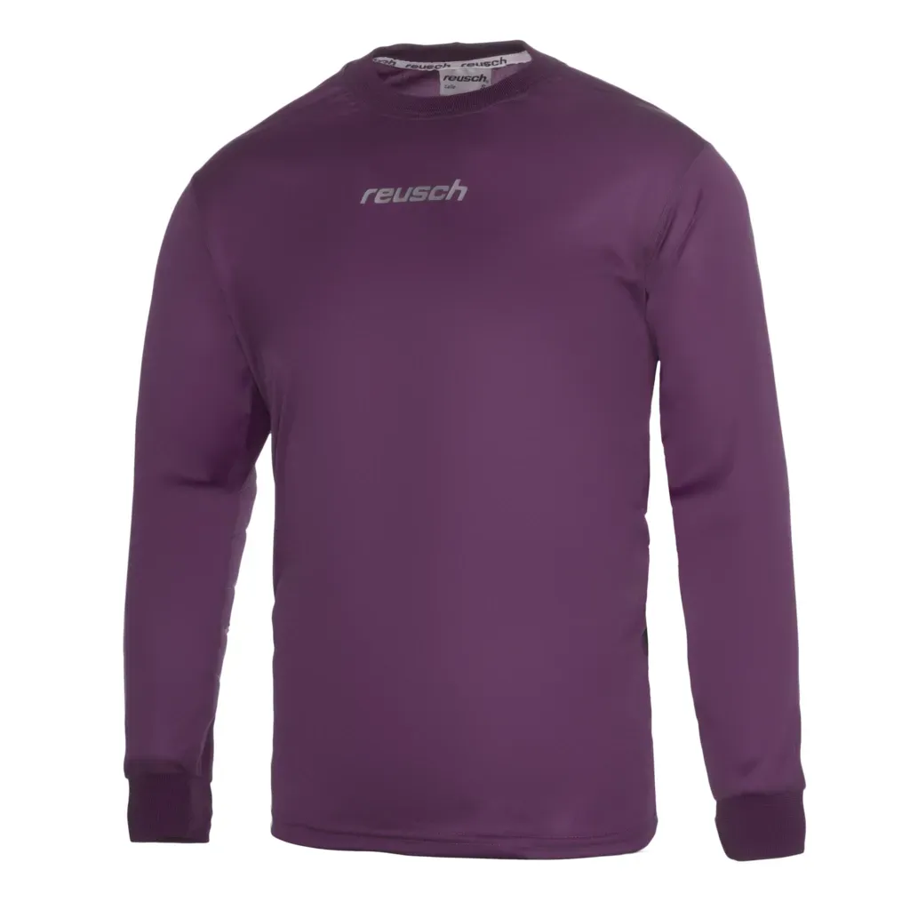 Una camiseta deportiva Reusch lisa de manga larga color morado sobre un fondo blanco.