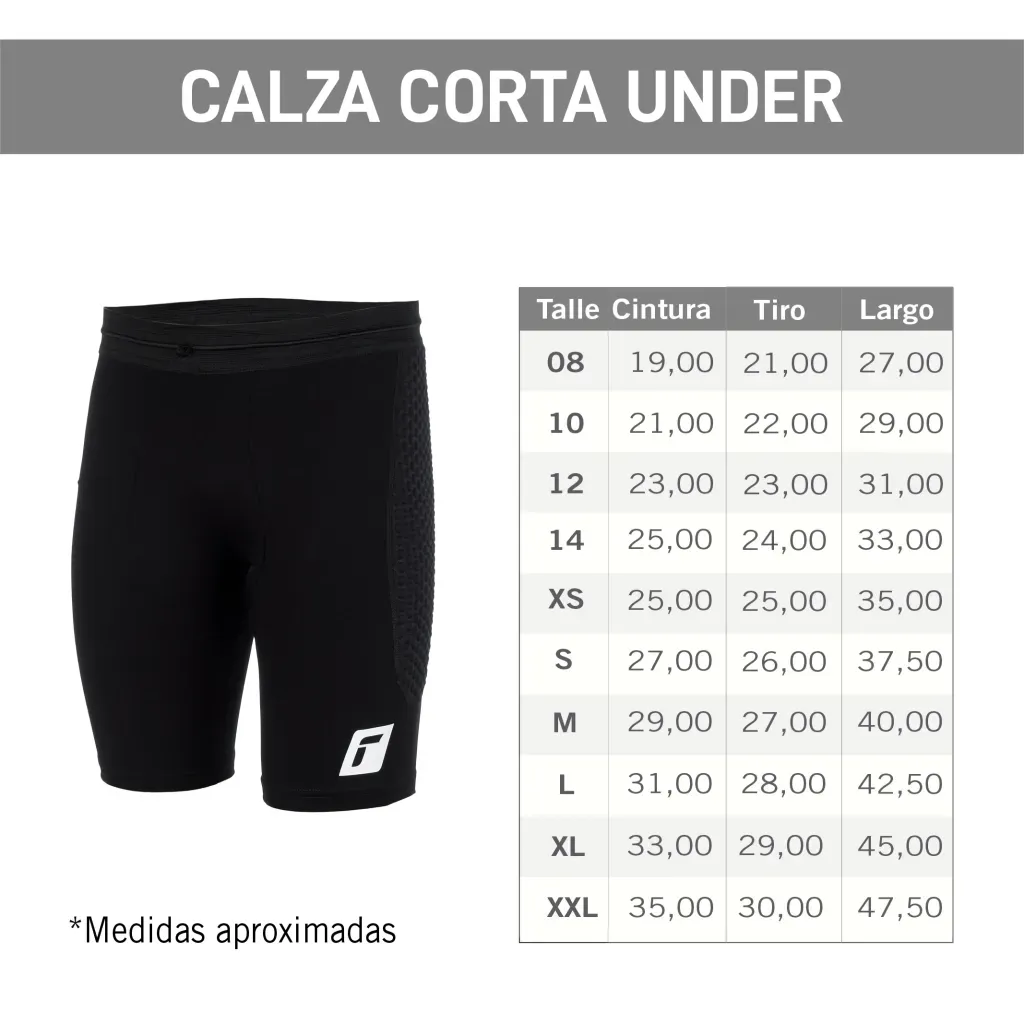 Tres vistas de pantalones cortos deportivos acolchados de color negro