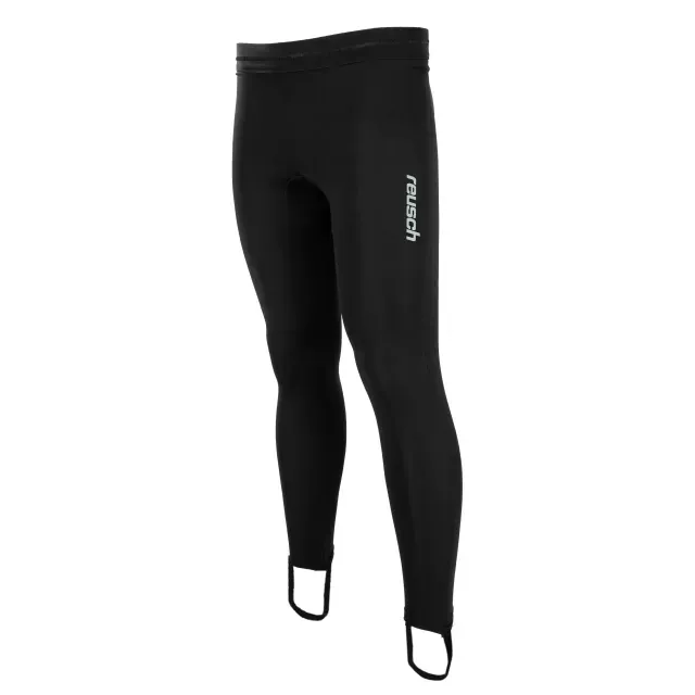 Mallas deportivas negras con estribo y el logotipo blanco de Reusch en el muslo.