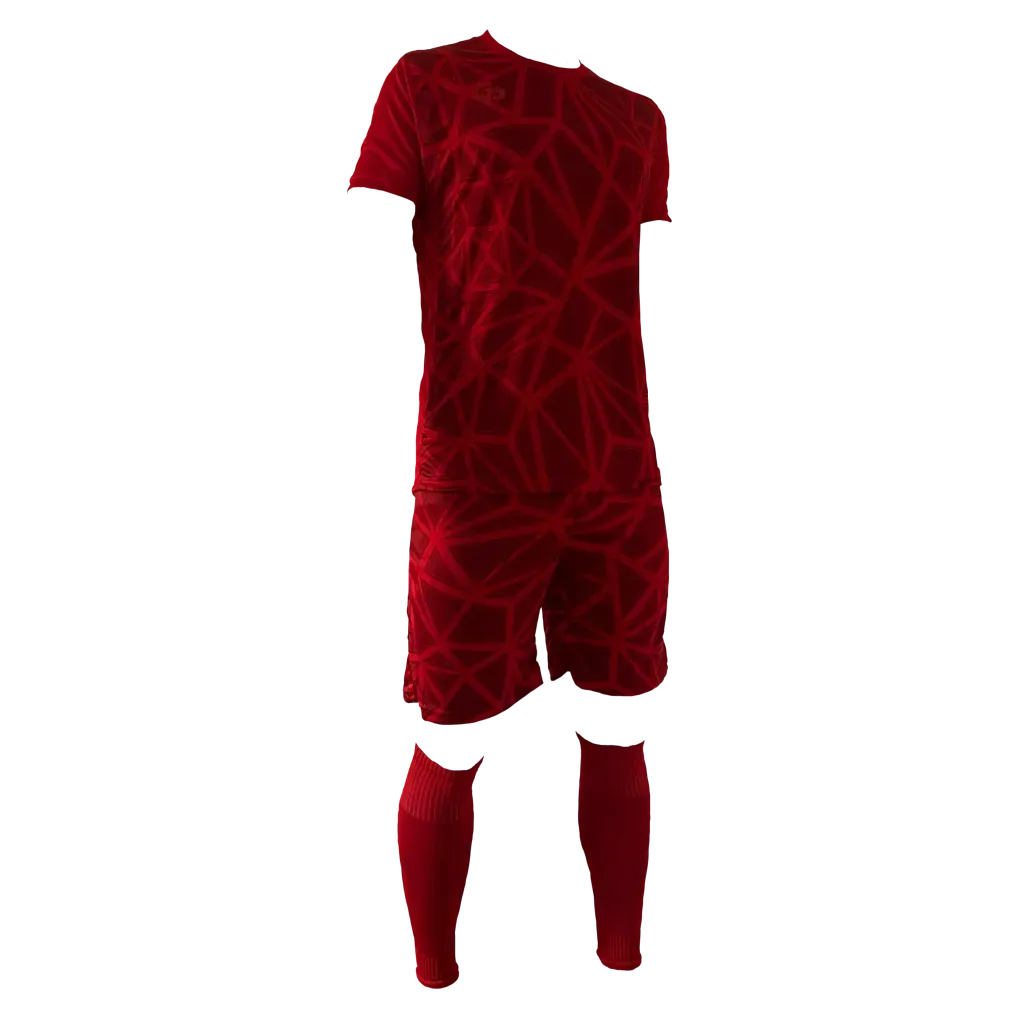 Conjunto de uniforme de fútbol verde: camiseta, pantalón corto y calcetines hasta la rodilla sobre fondo blanco.