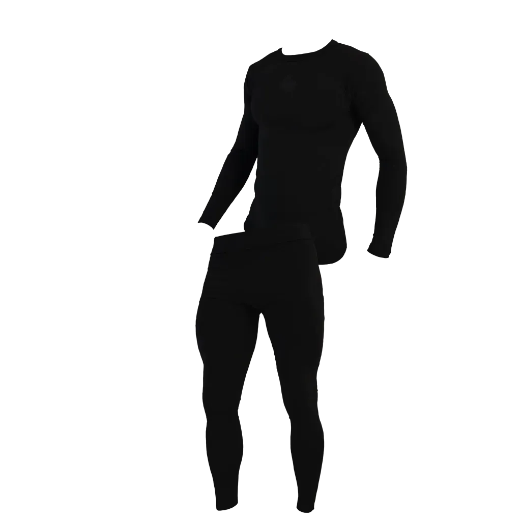 Conjunto de top deportivo de manga larga y leggings negros sobre fondo blanco.
