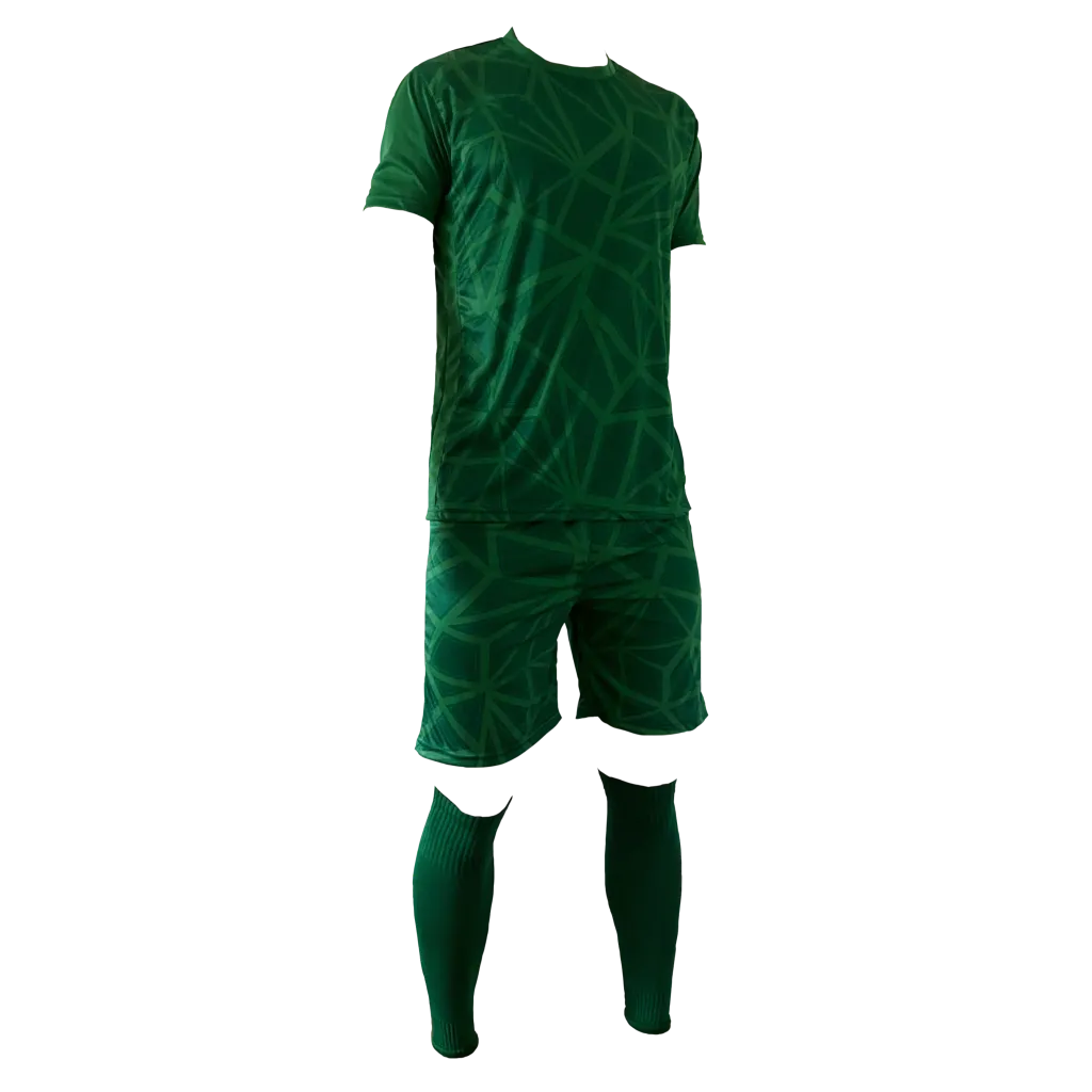 Conjunto de uniforme de fútbol verde: camiseta, pantalón corto y calcetines hasta la rodilla sobre fondo blanco.
