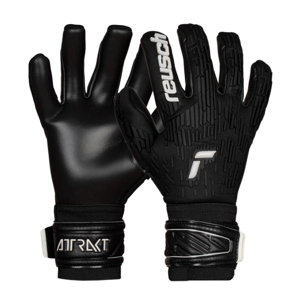 Guantes de portero Reusch negros, vistas frontal y posterior sobre un fondo blanco.