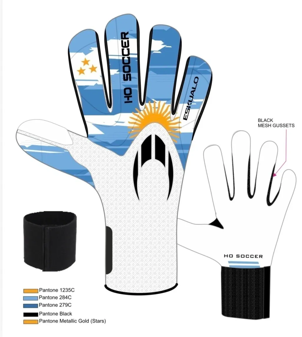 Guante de portero blanco y azul con muñeca negra, logotipo con efecto rayos de sol y muestras de color del producto en el lateral.