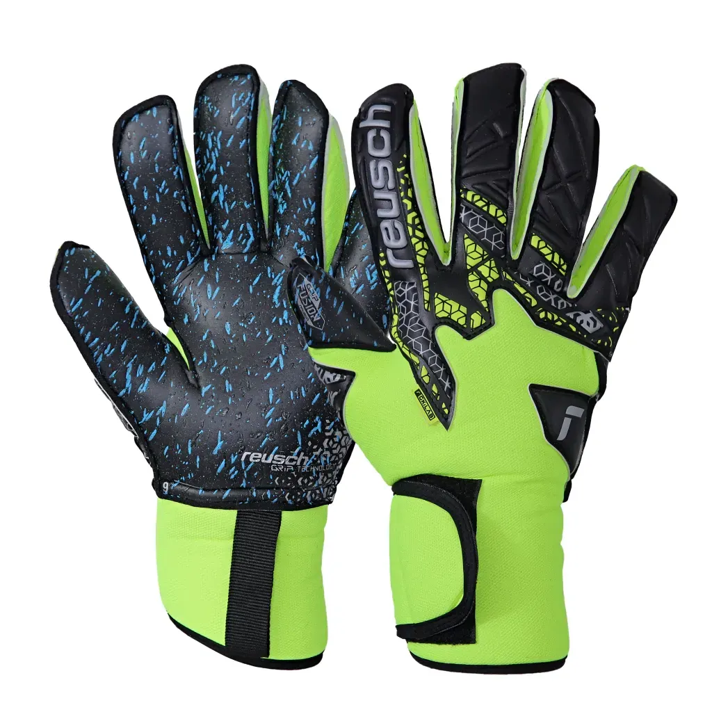 Un par de guantes de portero de fútbol Reusch de color amarillo neón y negro, mostrados desde la parte delantera y trasera.
