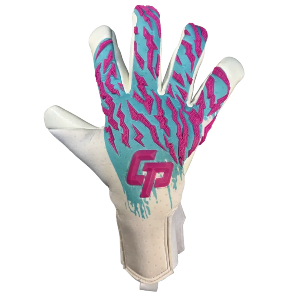 Guante blanco con estampado de zigzag en color verde azulado y rosa, y el logotipo de GP en la palma.